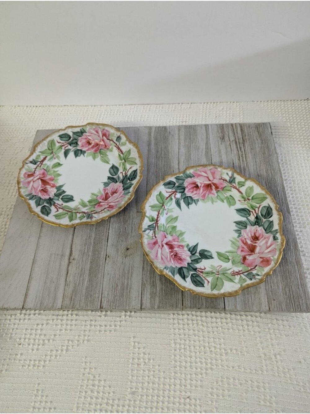 Vintage A. Schmidt & Son Porcelain 7 1/2" Plates Set 2 Floral Scallop Gold Trim